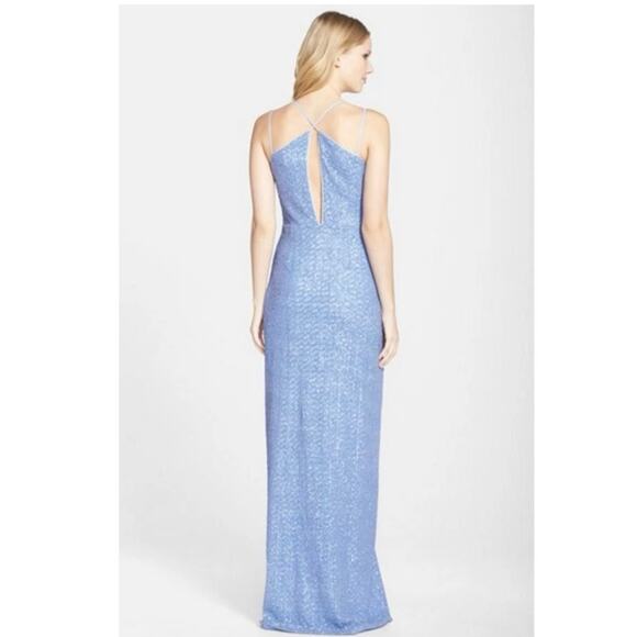 Halston Heritage Women's sz 4 Periwinkle Sequin Formal Open Back Slit Gown Prom - Picture 3 of 12